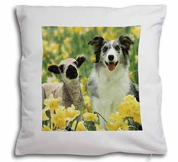 Border Collie Dog and Lamb Soft White Velvet Feel Scatter Cushion