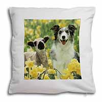 Border Collie Dog and Lamb Soft White Velvet Feel Scatter Cushion