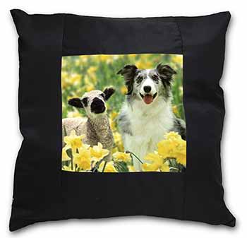 Border Collie Dog and Lamb Black Satin Feel Scatter Cushion