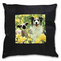 Border Collie Dog and Lamb Black Satin Feel Scatter Cushion