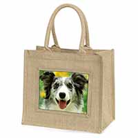 Blue Merle Border Collie Natural/Beige Jute Large Shopping Bag