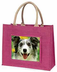 Blue Merle Border Collie Large Pink Jute Shopping Bag