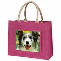 Blue Merle Border Collie Large Pink Jute Shopping Bag