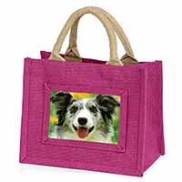 Blue Merle Border Collie Little Girls Small Pink Jute Shopping Bag