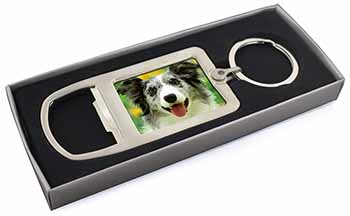 Blue Merle Border Collie Chrome Metal Bottle Opener Keyring in Box