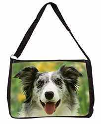 Blue Merle Border Collie Large Black Laptop Shoulder Bag School/College