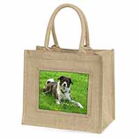Liver and white Border Collie Dog Natural/Beige Jute Large Shopping Bag