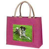 Liver and white Border Collie Dog Large Pink Jute Shopping Bag