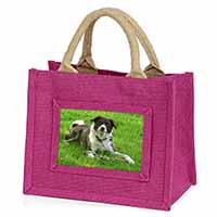 Liver and white Border Collie Dog Little Girls Small Pink Jute Shopping Bag