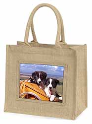 Border Collie Puppies Natural/Beige Jute Large Shopping Bag