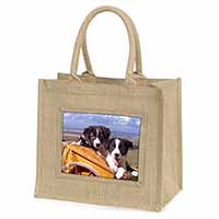 Border Collie Puppies Natural/Beige Jute Large Shopping Bag