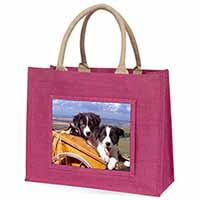 Border Collie Puppies Large Pink Jute Shopping Bag