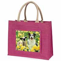 Border Collie Dog and Lamb Large Pink Jute Shopping Bag