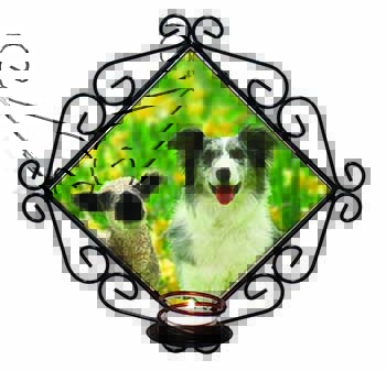Border Collie Dog and Lamb Wrought Iron Wall Art Candle Holder