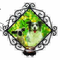 Border Collie Dog and Lamb Wrought Iron Wall Art Candle Holder