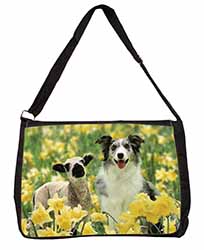 Border Collie Dog and Lamb Large Black Laptop Shoulder Bag School/College