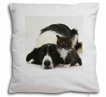 Border Collie and Kitten Soft White Velvet Feel Scatter Cushion