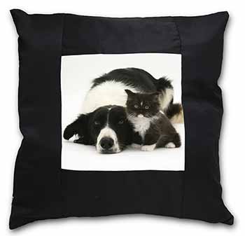 Border Collie and Kitten Black Satin Feel Scatter Cushion