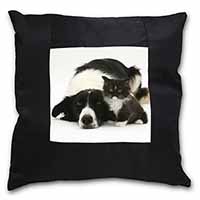 Border Collie and Kitten Black Satin Feel Scatter Cushion