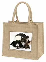 Border Collie and Kitten Natural/Beige Jute Large Shopping Bag