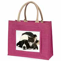 Border Collie and Kitten Large Pink Jute Shopping Bag