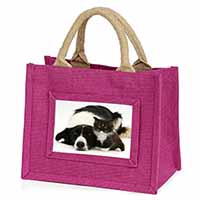 Border Collie and Kitten Little Girls Small Pink Jute Shopping Bag