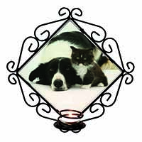 Border Collie and Kitten Wrought Iron Wall Art Candle Holder