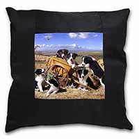 Border Collie in Wheelbarrow Black Satin Feel Scatter Cushion