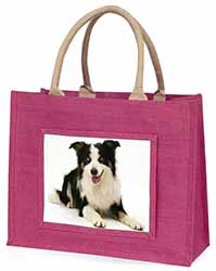 Tri-Colour Border Collie Dog Large Pink Jute Shopping Bag