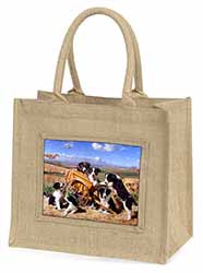 Border Collie in Wheelbarrow Natural/Beige Jute Large Shopping Bag