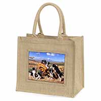 Border Collie in Wheelbarrow Natural/Beige Jute Large Shopping Bag