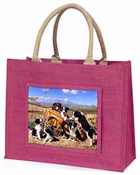 Border Collie in Wheelbarrow Large Pink Jute Shopping Bag