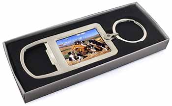 Border Collie in Wheelbarrow Chrome Metal Bottle Opener Keyring in Box