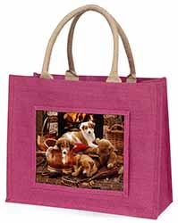 Border Collie Large Pink Jute Shopping Bag