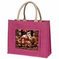 Border Collie Large Pink Jute Shopping Bag