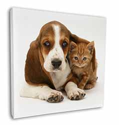 Basset Hound Dog and Cat Square Canvas 12"x12" Wall Art Picture Print