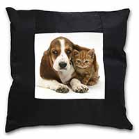 Basset Hound Dog and Cat Black Satin Feel Scatter Cushion
