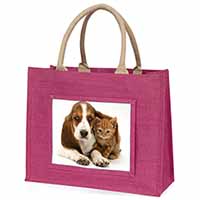 Basset Hound Dog and Cat Large Pink Jute Shopping Bag