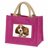 Basset Hound Dog and Cat Little Girls Small Pink Jute Shopping Bag