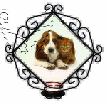 Basset Hound Dog and Cat Wrought Iron Wall Art Candle Holder