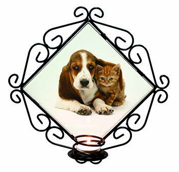 Basset Hound Dog and Cat Wrought Iron Wall Art Candle Holder