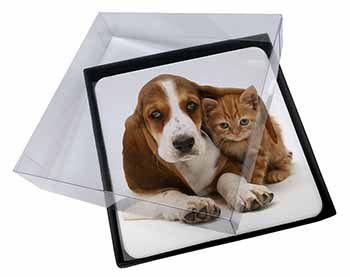 4x Basset Hound Dog and Cat Picture Table Coasters Set in Gift Box