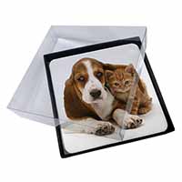 4x Basset Hound Dog and Cat Picture Table Coasters Set in Gift Box
