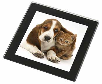 Basset Hound Dog and Cat Black Rim High Quality Glass Coaster