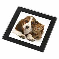 Basset Hound Dog and Cat Black Rim High Quality Glass Coaster