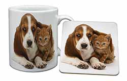 Basset Hound Dog and Cat Mug and Coaster Set