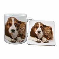Basset Hound Dog and Cat Mug and Coaster Set