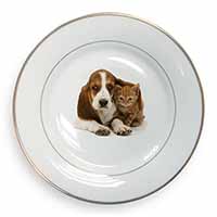Basset Hound Dog and Cat Gold Rim Plate Printed Full Colour in Gift Box