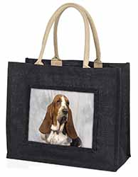 Basset Hound Dog Large Black Jute Shopping Bag