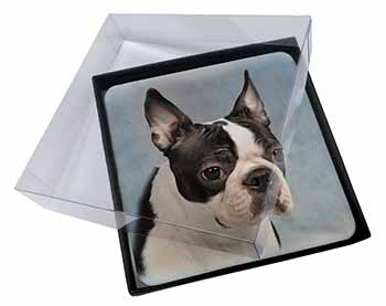 4x Boston Terrier Dog Picture Table Coasters Set in Gift Box